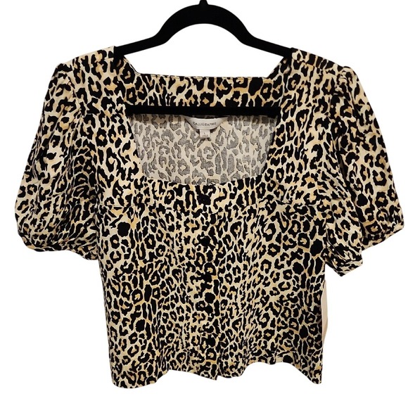 Calligraphie Tops - 5 for $20 Calligraphie Leopard Print Linen Top L Tan Black Puff Sleeve Retro